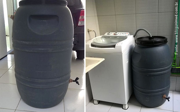 Uma bombona plástica acompanhada por algumas flanges, canos e tubos para água foi a ideia que a estudante de arquitetura Lanna Ribeiro, moradora de Fortaleza, no Ceará, teve para recolher e reutilizar a água da máquina de lavar roupas. O sistema caseiro parece bastante eficiente e bem bolado - Fonte: Blog da Unimed.